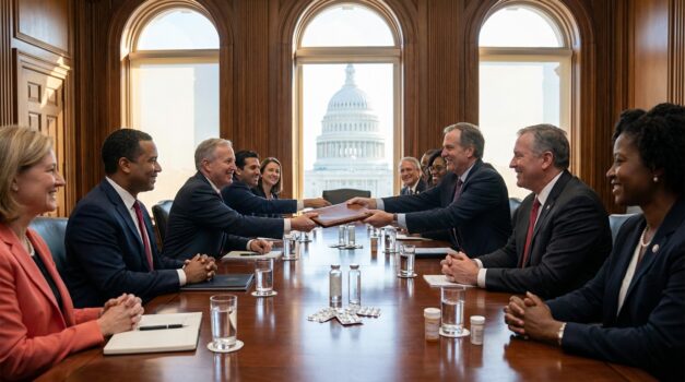 j&j signe un accord avec la maison blanche pour réguler les prix des médicaments et ajuster les tarifs douaniers, visant à rendre les soins de santé plus accessibles.