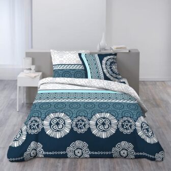 Parure housse de couette en coton 57 fils bleu blanc esprit mer