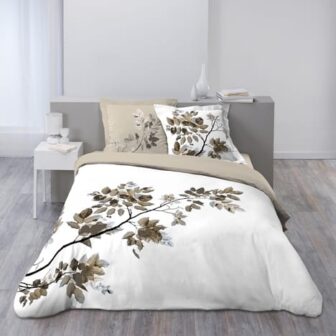 Parure housse de couette en coton motifs feuillages et nature