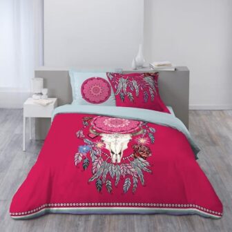 Parure housse de couette en coton rose motifs plumes et tête de...
