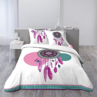 Parure housse de couette en coton motifs plumes roses et attrape-rêves