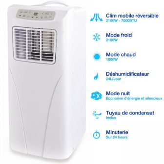 climatiseur mobile réversible 2100W 7000 BTU Froid / Chaud / Déshumidificateur