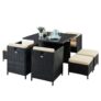 BEAU RIVAGE Ensemble table avec 4 fauteuils et 4 poufs en résine tressée Grenade Noir