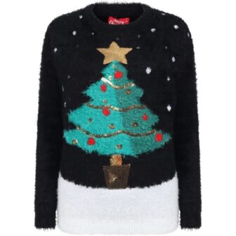 Pull de Noël Poilu Sapin Noir Femme