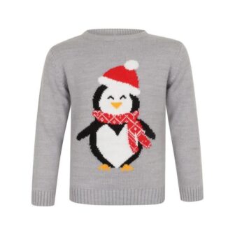 Pull de Noël Pingouin Gris Chiné Enfant Fille