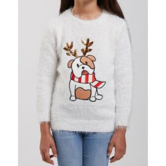 Pull de Noël Poilu Bouledogue Ecru Fille